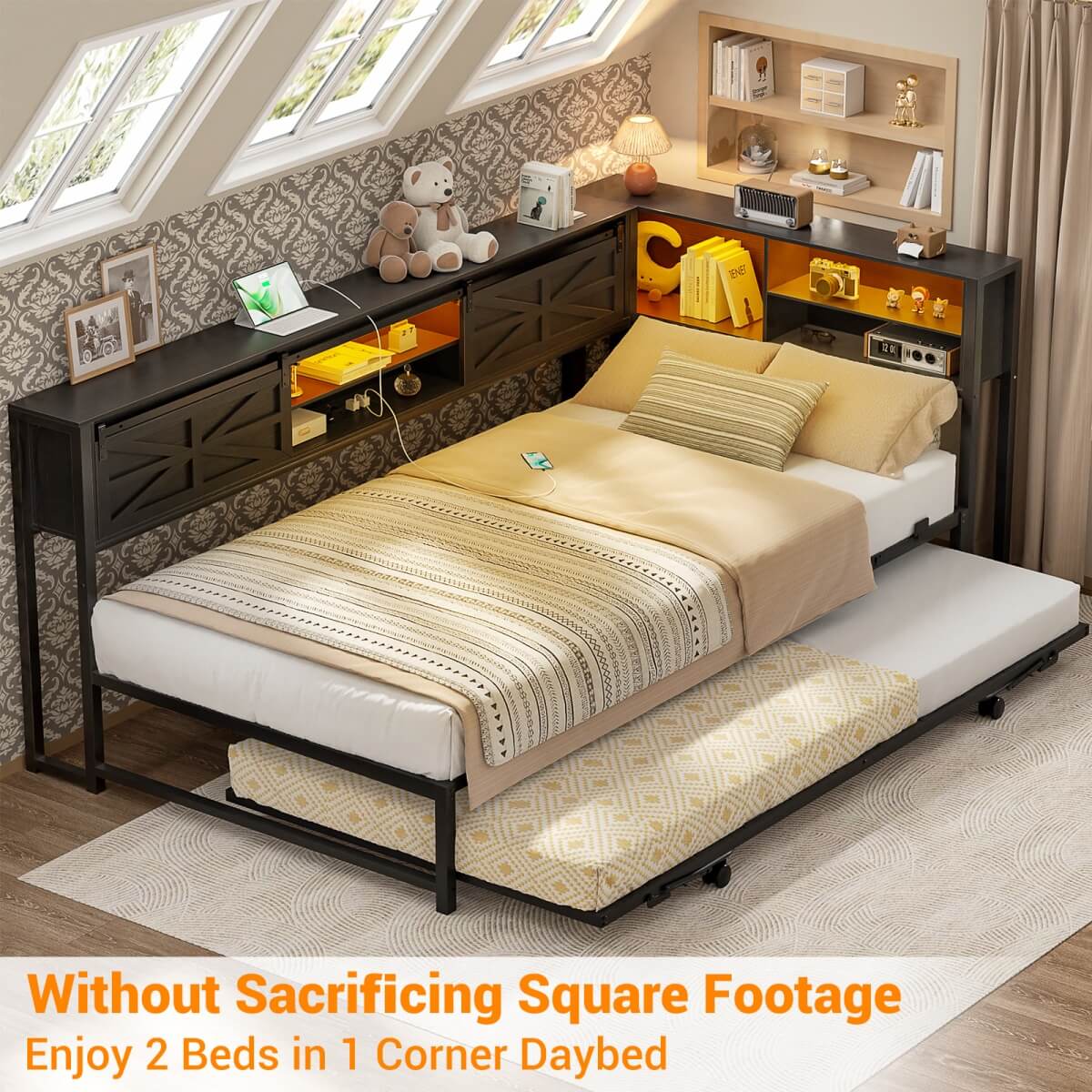 Twin Corner Daybed Frame with Trundle and Storage Headboard, Built-in Outlets and LED Light