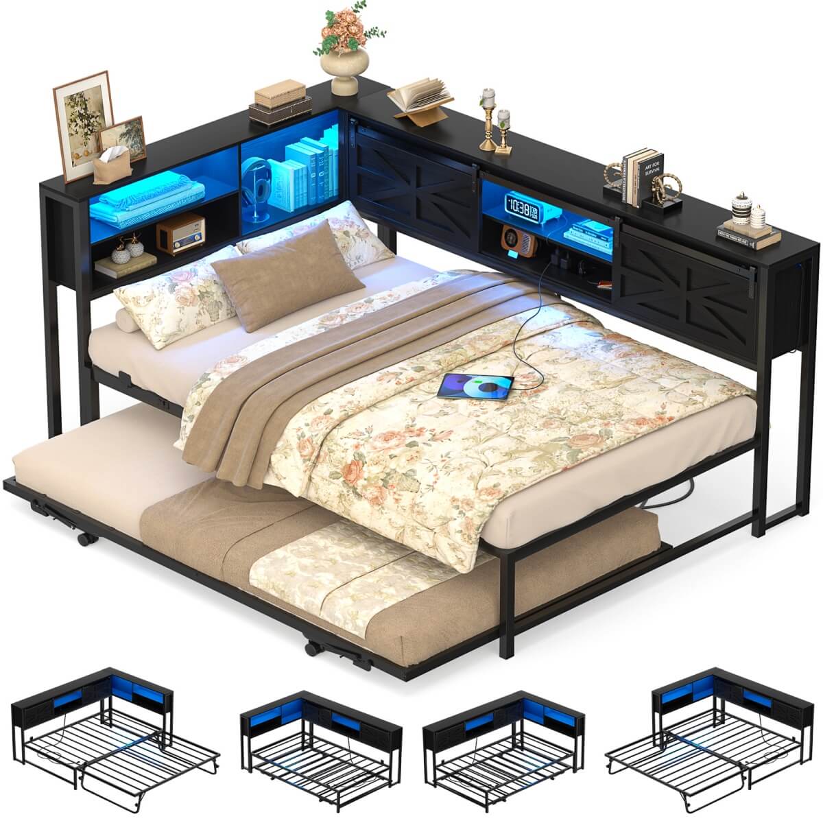 Twin Corner Daybed Frame with Trundle and Storage Headboard, Built-in Outlets and LED Light