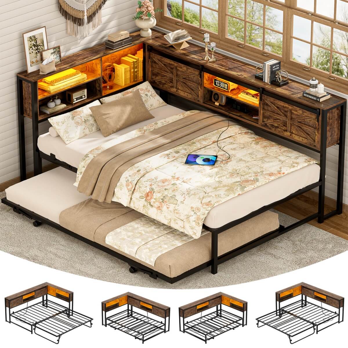 Twin Corner Daybed Frame with Trundle and Storage Headboard, Built-in Outlets and LED Light