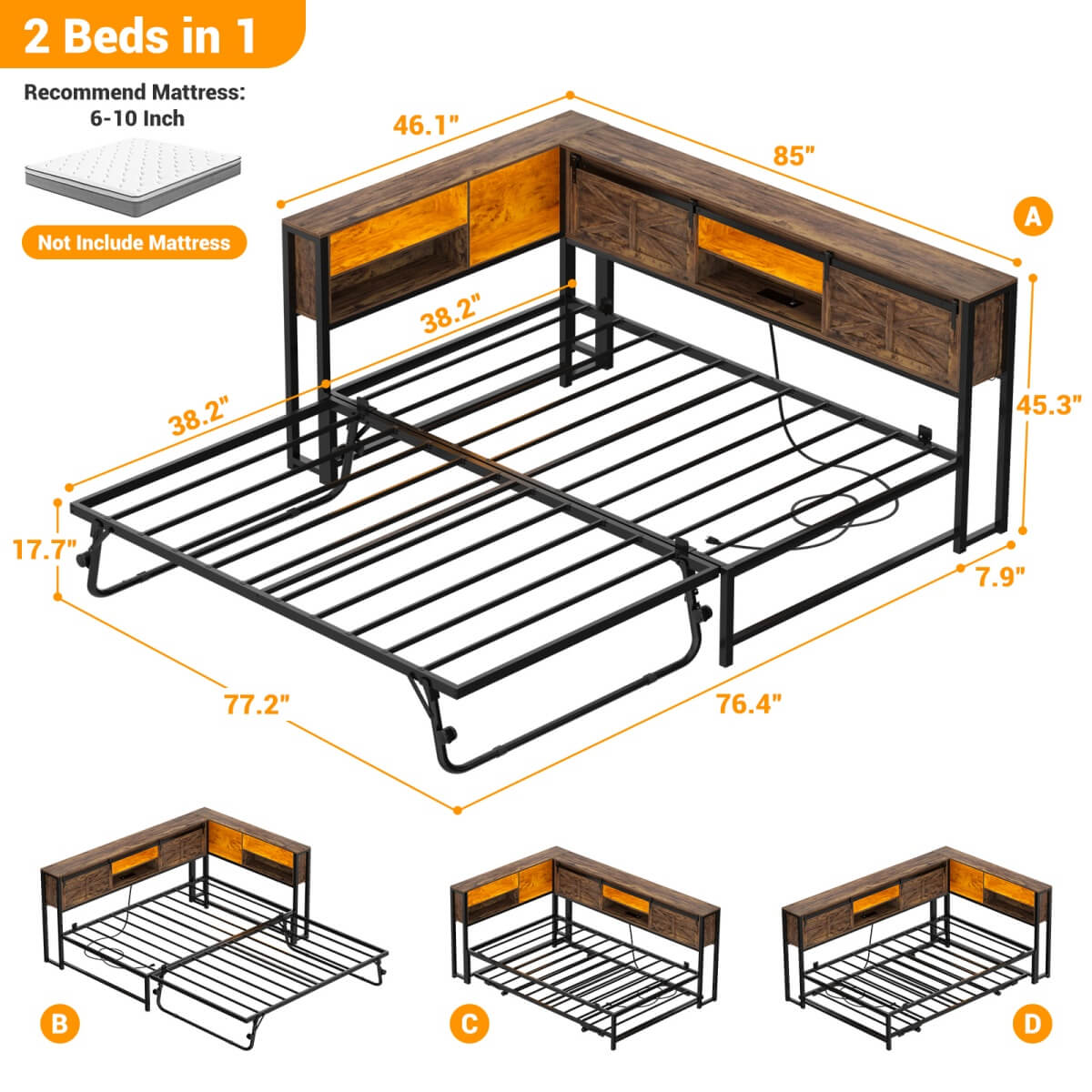 Twin Corner Daybed Frame with Trundle and Storage Headboard, Built-in Outlets and LED Light