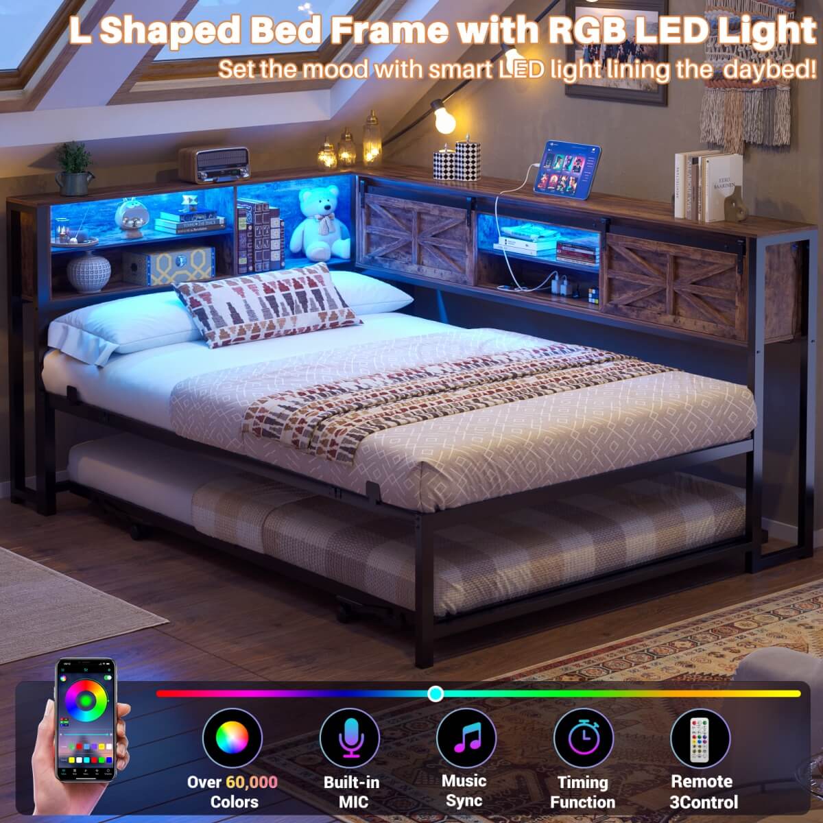 Twin Corner Daybed Frame with Trundle and Storage Headboard, Built-in Outlets and LED Light