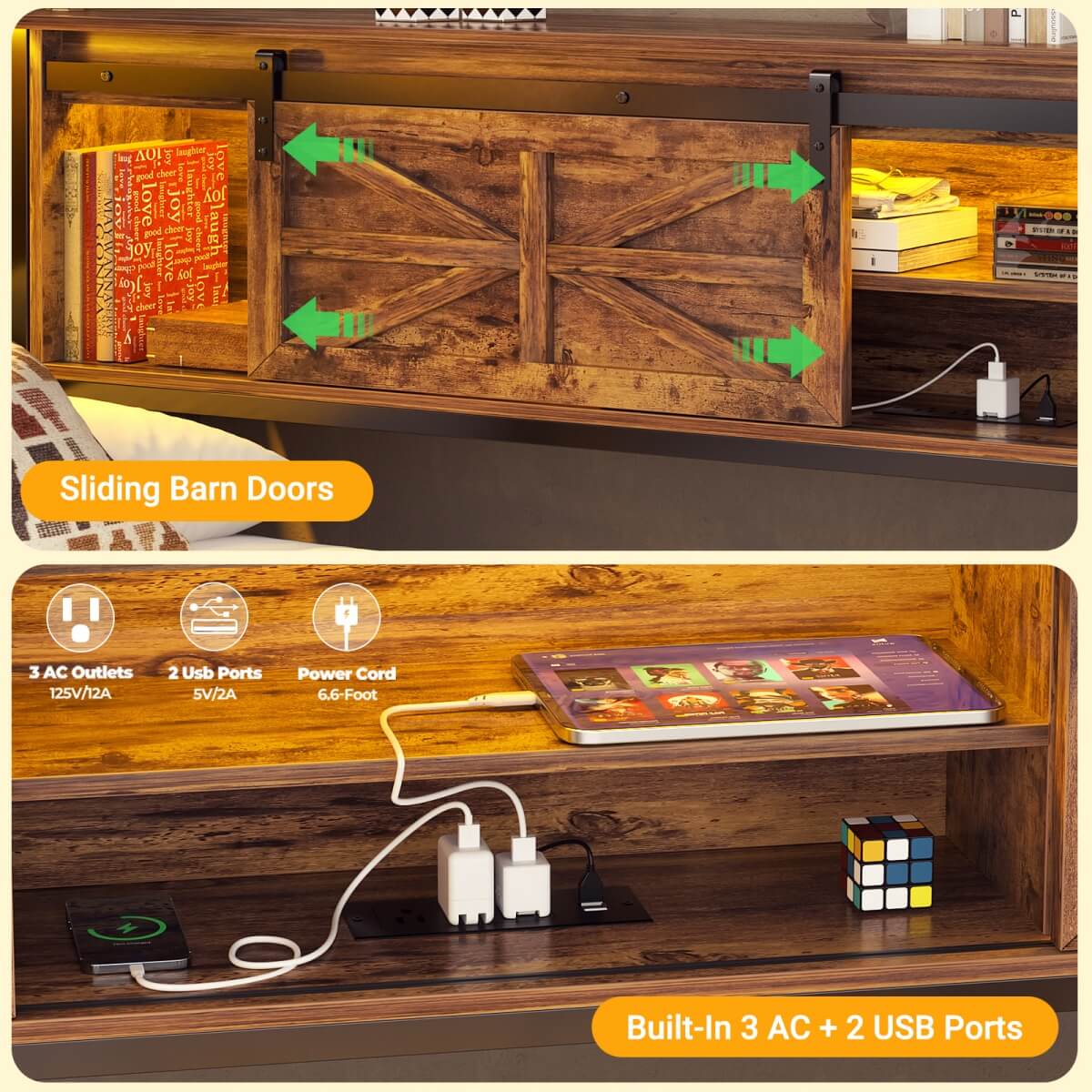 Twin Corner Daybed Frame with Trundle and Storage Headboard, Built-in Outlets and LED Light