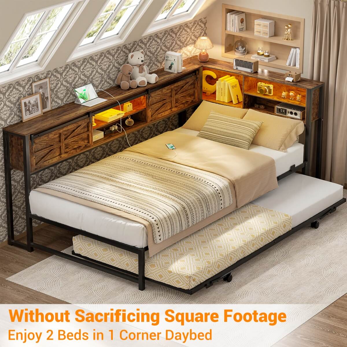 Twin Corner Daybed Frame with Trundle and Storage Headboard, Built-in Outlets and LED Light