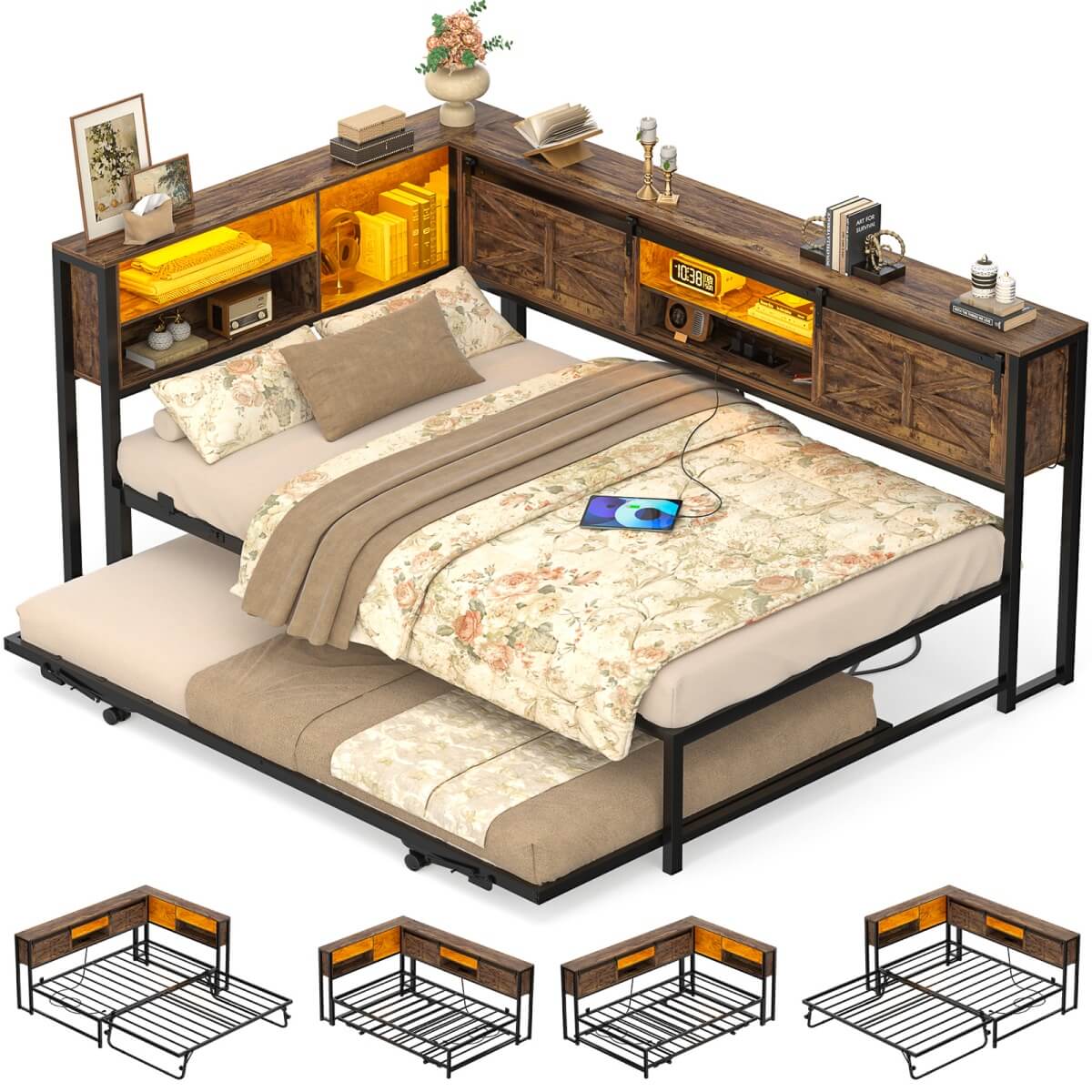 Twin Corner Daybed Frame with Trundle and Storage Headboard, Built-in Outlets and LED Light