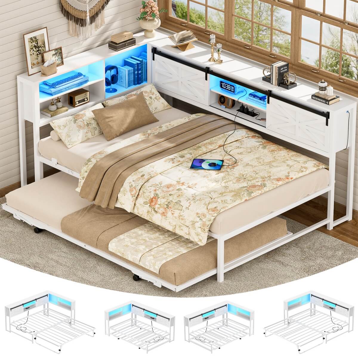 Twin Corner Daybed Frame with Trundle and Storage Headboard, Built-in Outlets and LED Light