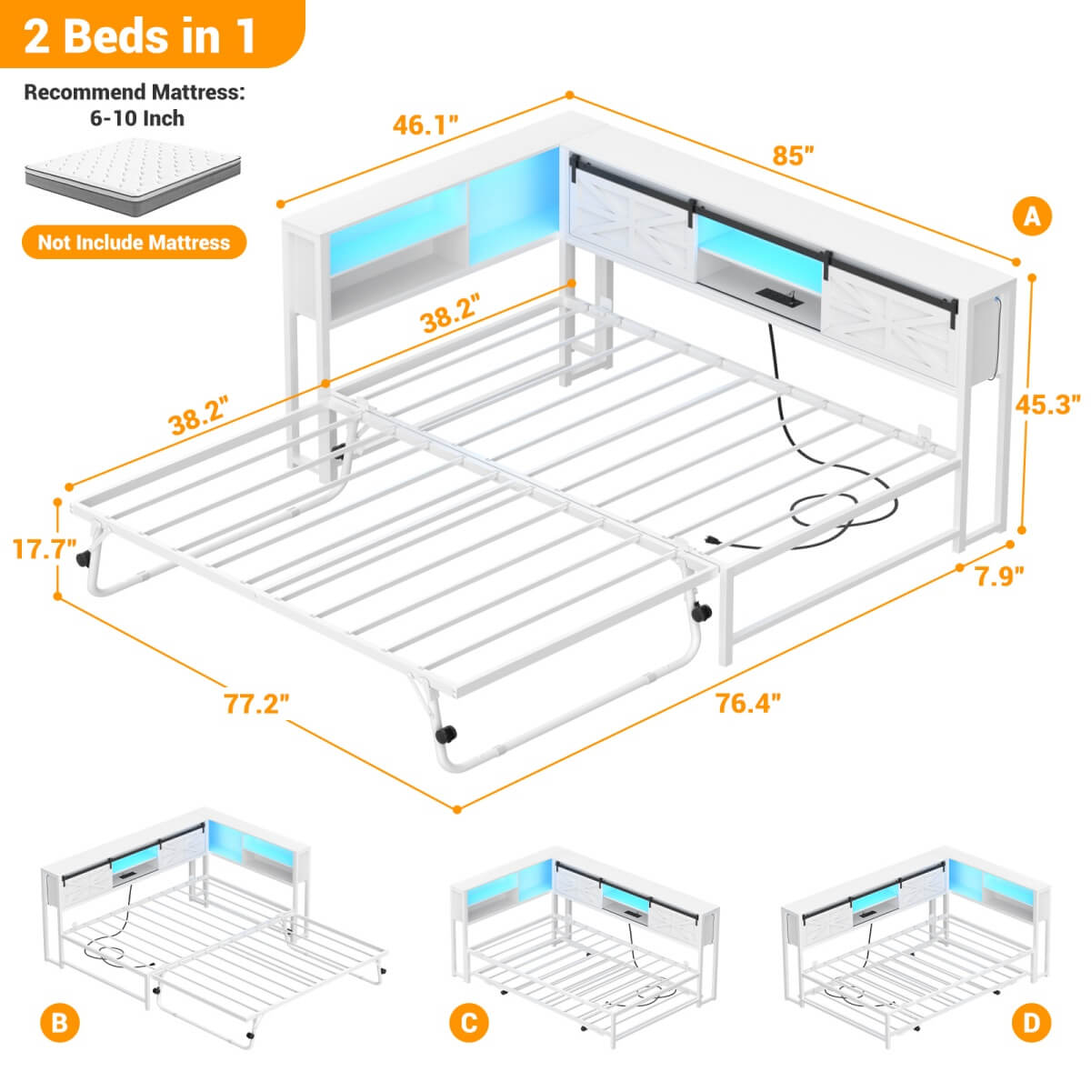 Twin Corner Daybed Frame with Trundle and Storage Headboard, Built-in Outlets and LED Light