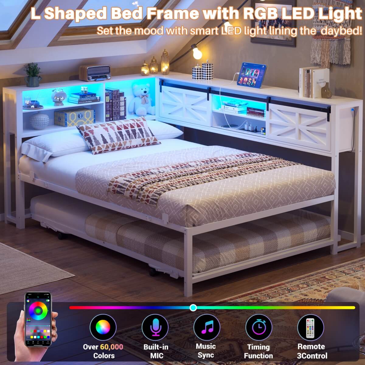 Twin Corner Daybed Frame with Trundle and Storage Headboard, Built-in Outlets and LED Light