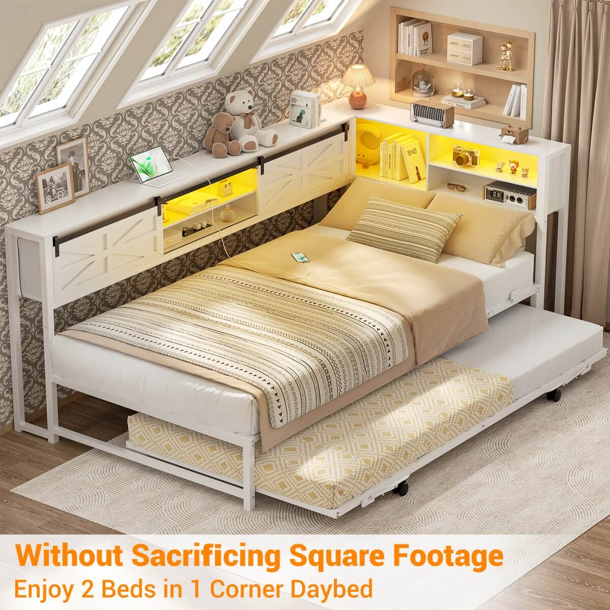 Twin Corner Daybed Frame with Trundle and Storage Headboard, Built-in Outlets and LED Light