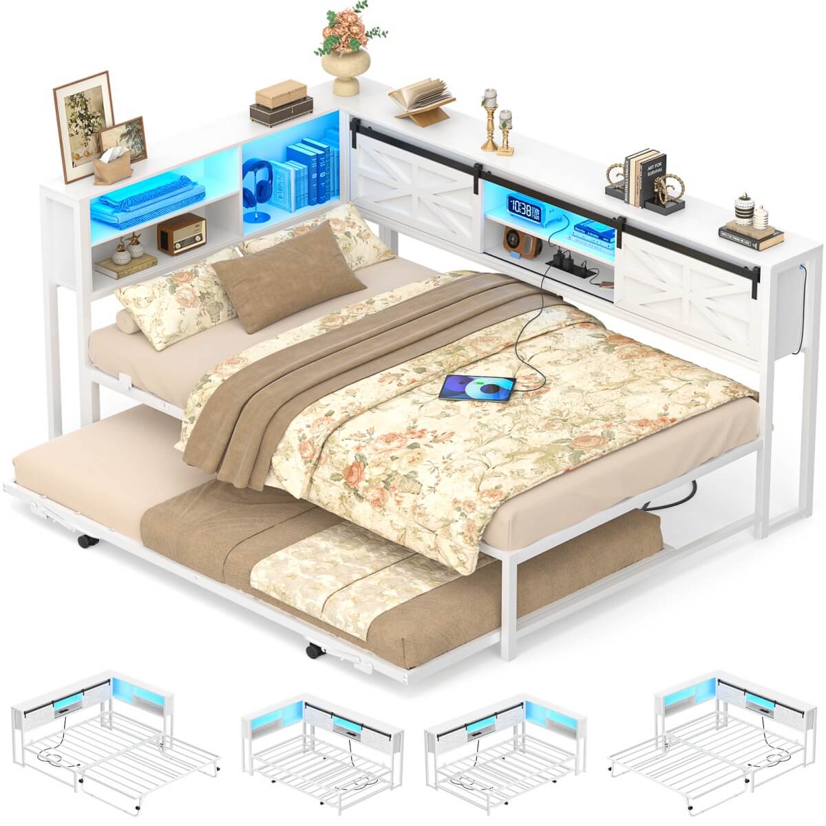 Twin Corner Daybed Frame with Trundle and Storage Headboard, Built-in Outlets and LED Light