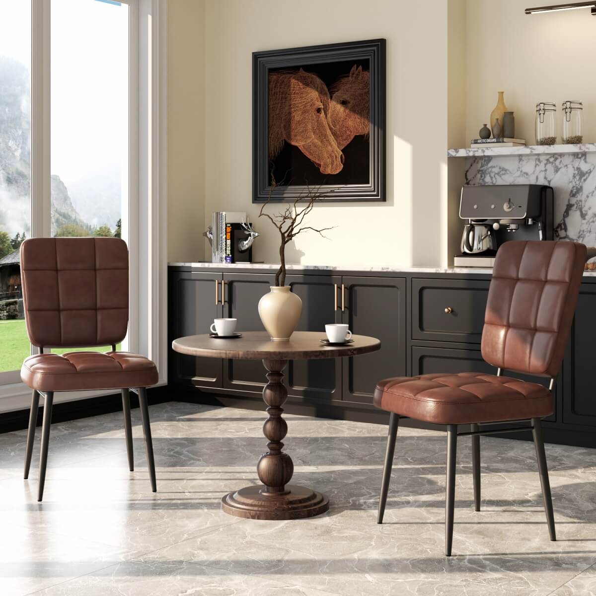 Leather Dining Chairs Sets, Upholstered Kitchen Dining Chairs with Thick Cushion