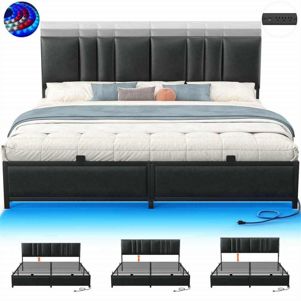 Unikito King Bed Frame with 3 Height Adjustable Headboard, Upholstered Leather Platform Bed with LED Light & Charging Station, Stable Metal Frame Support, No Box Spring Needed, Noise Free