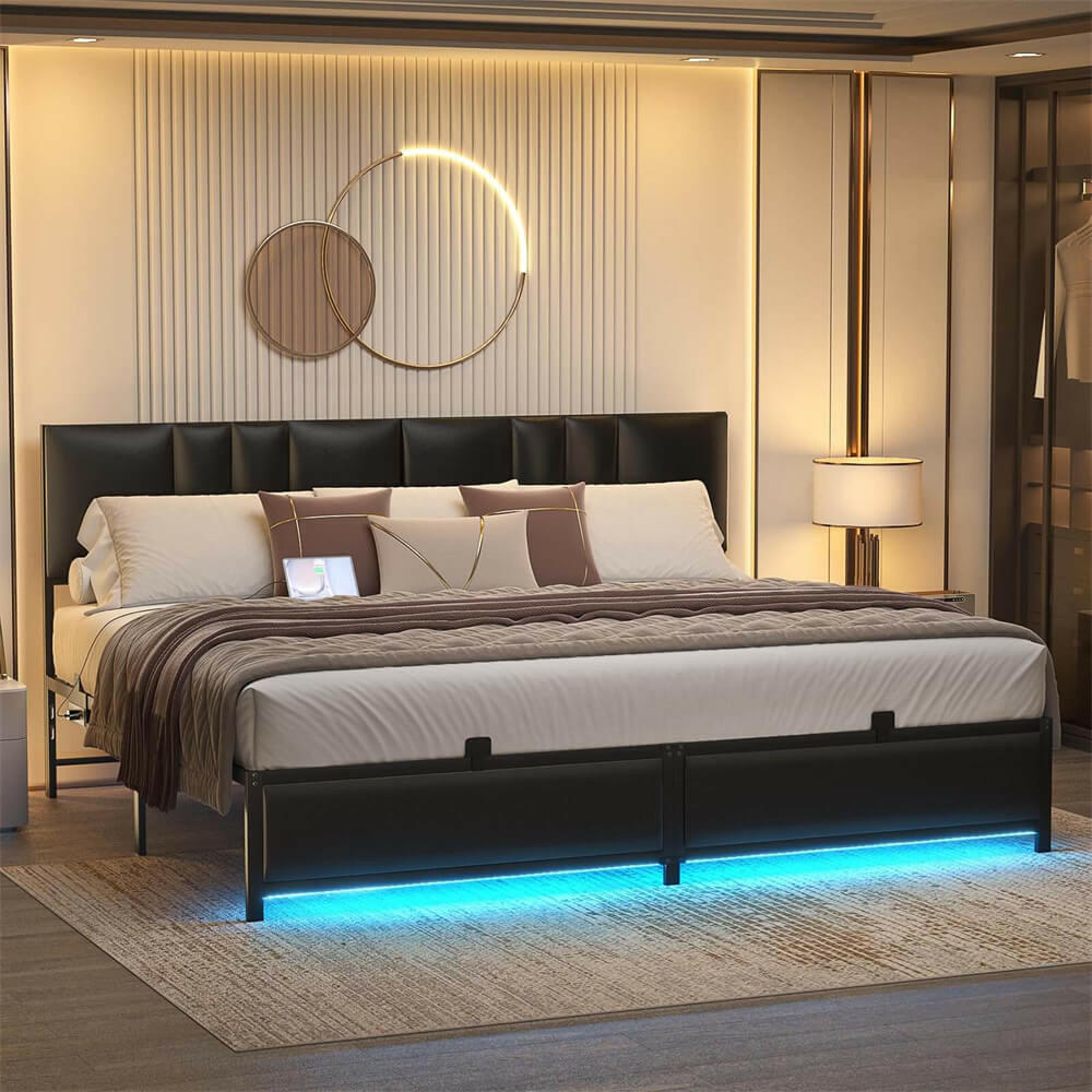 Unikito King Bed Frame with 3 Height Adjustable Headboard, Upholstered Leather Platform Bed with LED Light & Charging Station, Stable Metal Frame Support, No Box Spring Needed, Noise Free