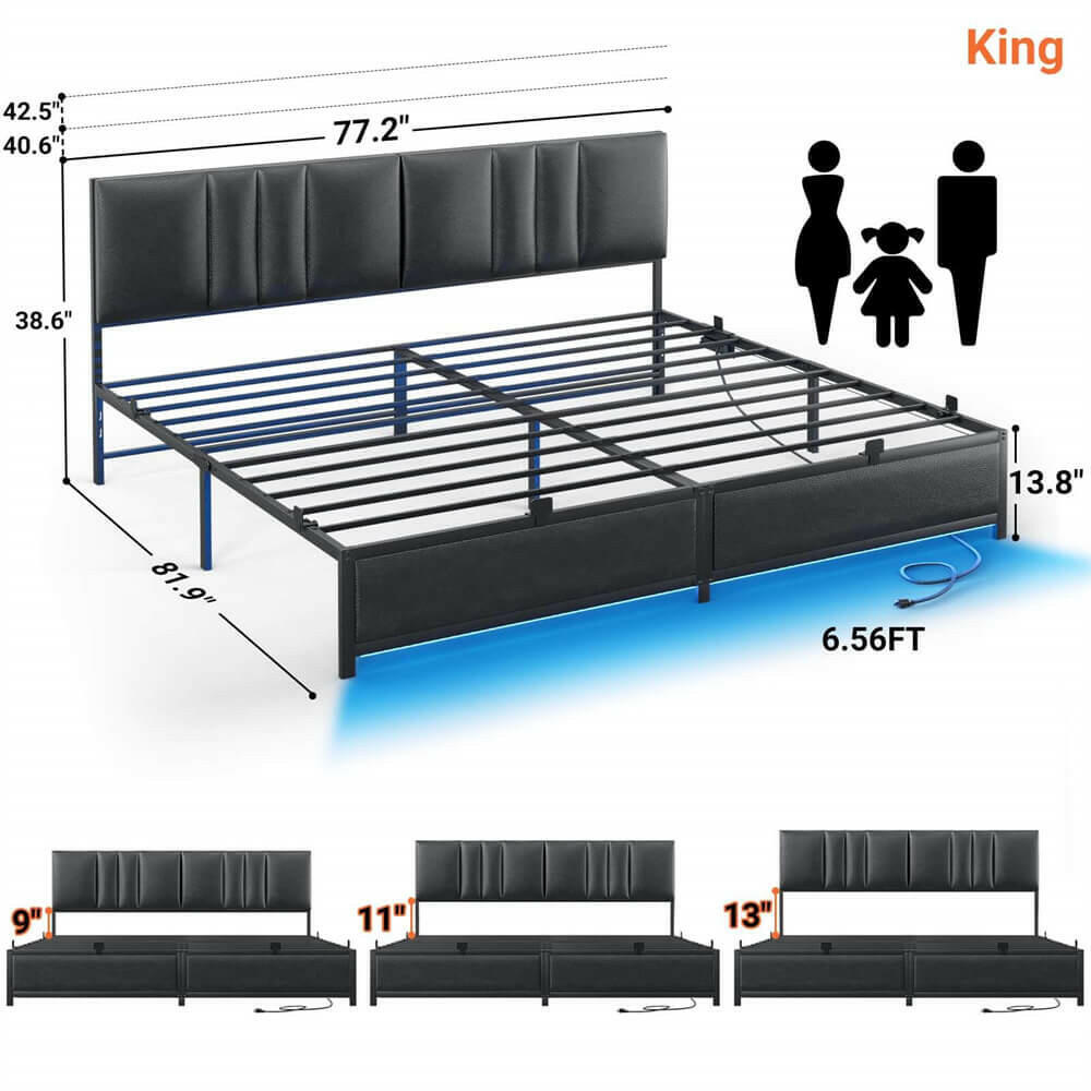 Unikito King Bed Frame with 3 Height Adjustable Headboard, Upholstered Leather Platform Bed with LED Light & Charging Station, Stable Metal Frame Support, No Box Spring Needed, Noise Free