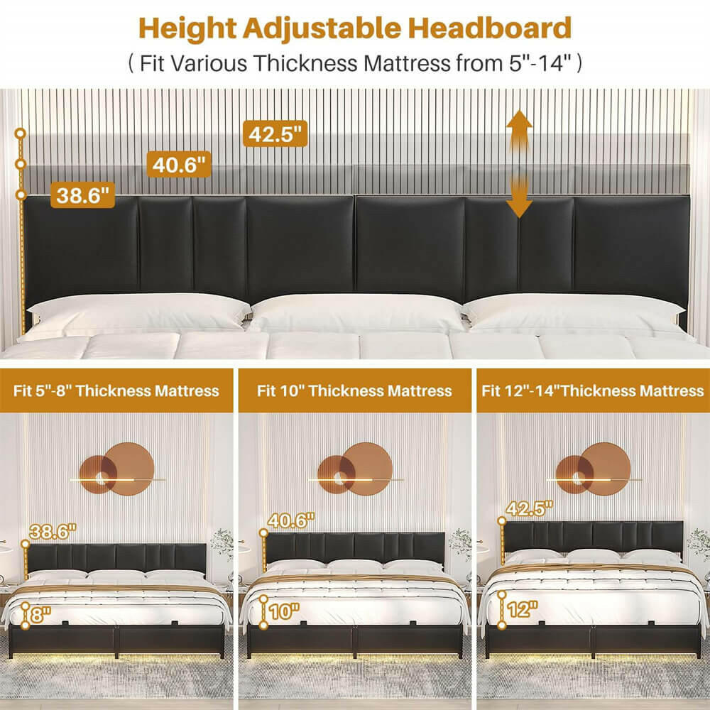 Unikito King Bed Frame with 3 Height Adjustable Headboard, Upholstered Leather Platform Bed with LED Light & Charging Station, Stable Metal Frame Support, No Box Spring Needed, Noise Free