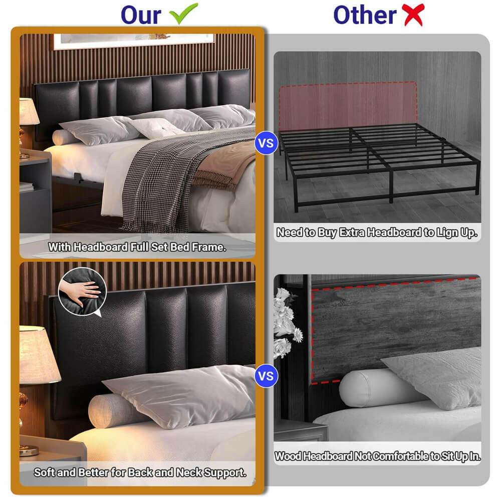 Unikito King Bed Frame with 3 Height Adjustable Headboard, Upholstered Leather Platform Bed with LED Light & Charging Station, Stable Metal Frame Support, No Box Spring Needed, Noise Free