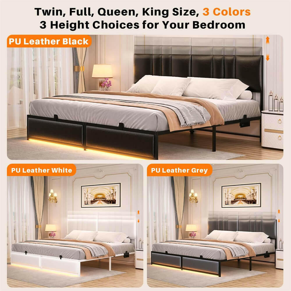 Unikito King Bed Frame with 3 Height Adjustable Headboard, Upholstered Leather Platform Bed with LED Light & Charging Station, Stable Metal Frame Support, No Box Spring Needed, Noise Free