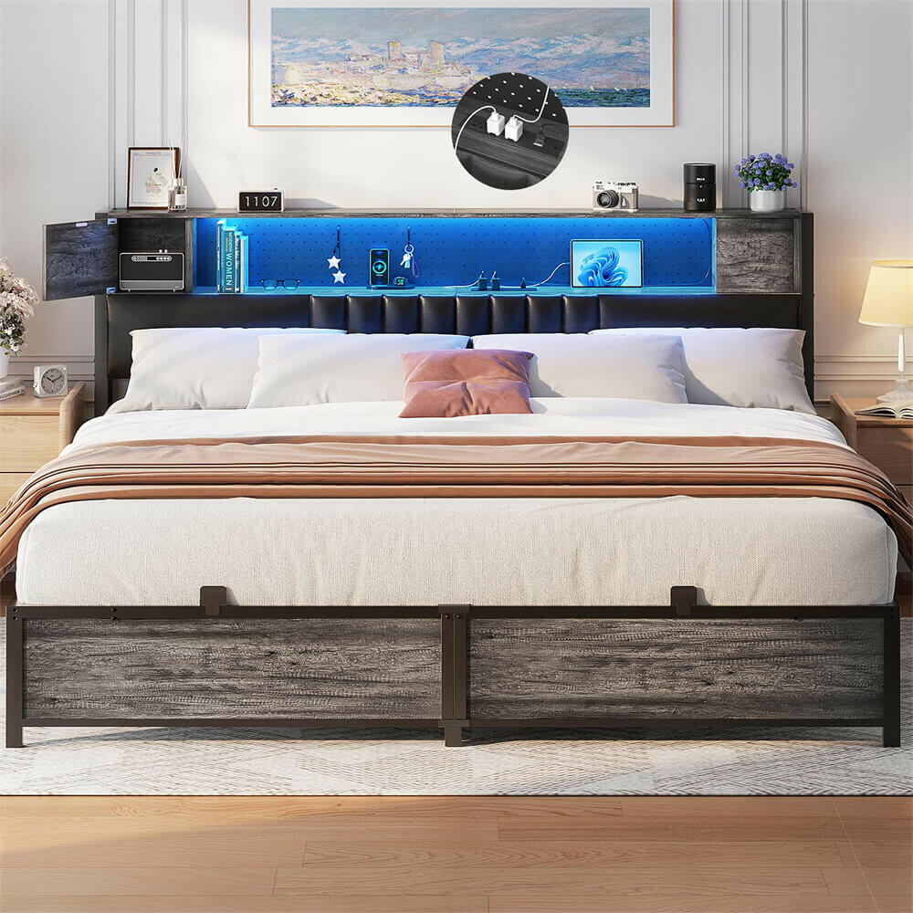 Unikito King Size Bed Frame with LED Light and Upholstered Storage Headboard, Metal Platform Full Bed Frame with Charging Station, No Box Spring Needed, Easy Assembly, Noise-Free