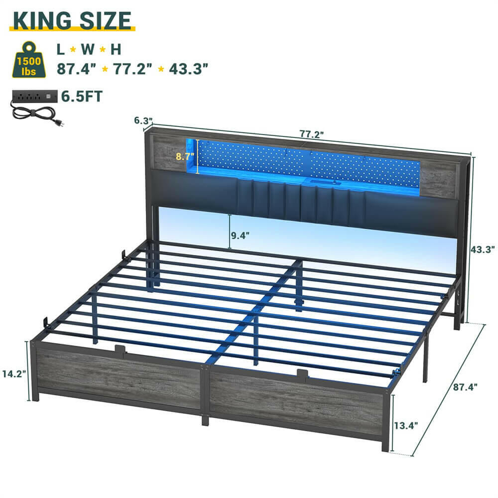 Unikito King Size Bed Frame with LED Light and Upholstered Storage Headboard, Metal Platform Full Bed Frame with Charging Station, No Box Spring Needed, Easy Assembly, Noise-Free