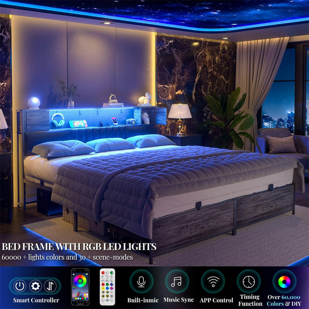 Unikito King Size Bed Frame with LED Light and Upholstered Storage Headboard, Metal Platform Full Bed Frame with Charging Station, No Box Spring Needed, Easy Assembly, Noise-Free