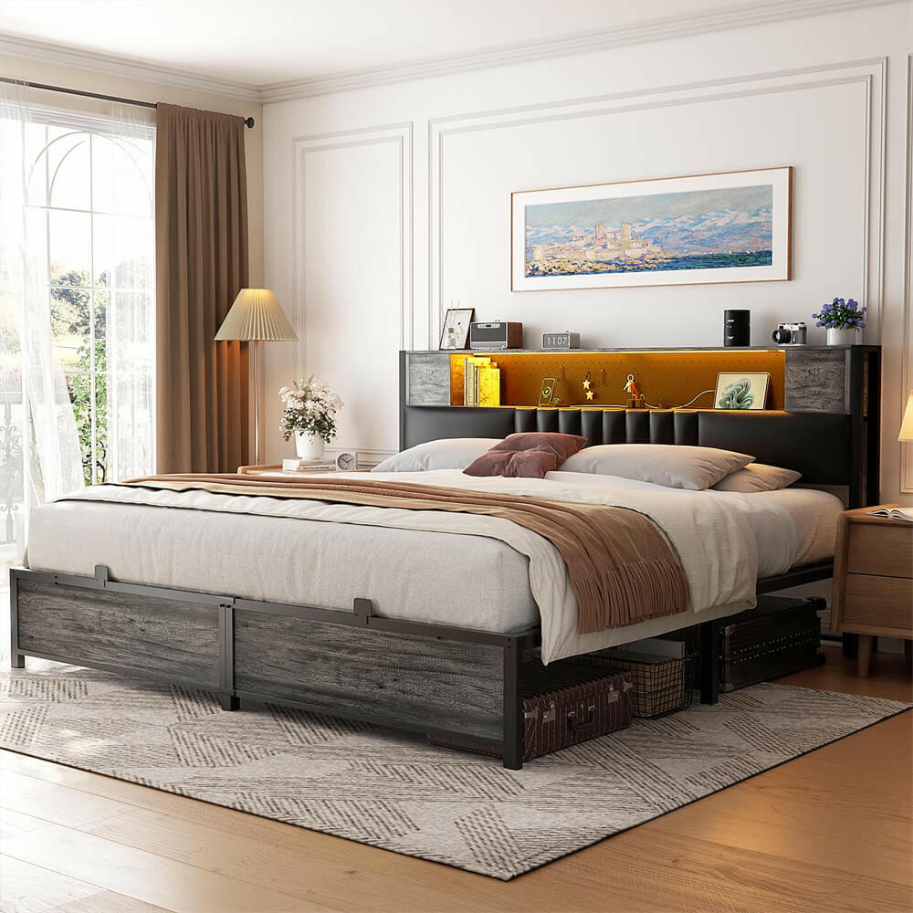 Unikito King Size Bed Frame with LED Light and Upholstered Storage Headboard, Metal Platform Full Bed Frame with Charging Station, No Box Spring Needed, Easy Assembly, Noise-Free