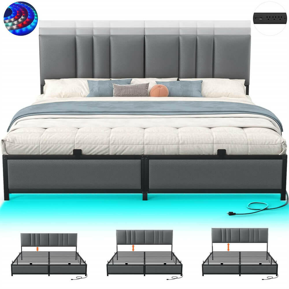 Unikito King Bed Frame with 3 Height Adjustable Headboard, Upholstered Leather Platform Bed with LED Light & Charging Station, Stable Metal Frame Support, No Box Spring Needed, Noise Free