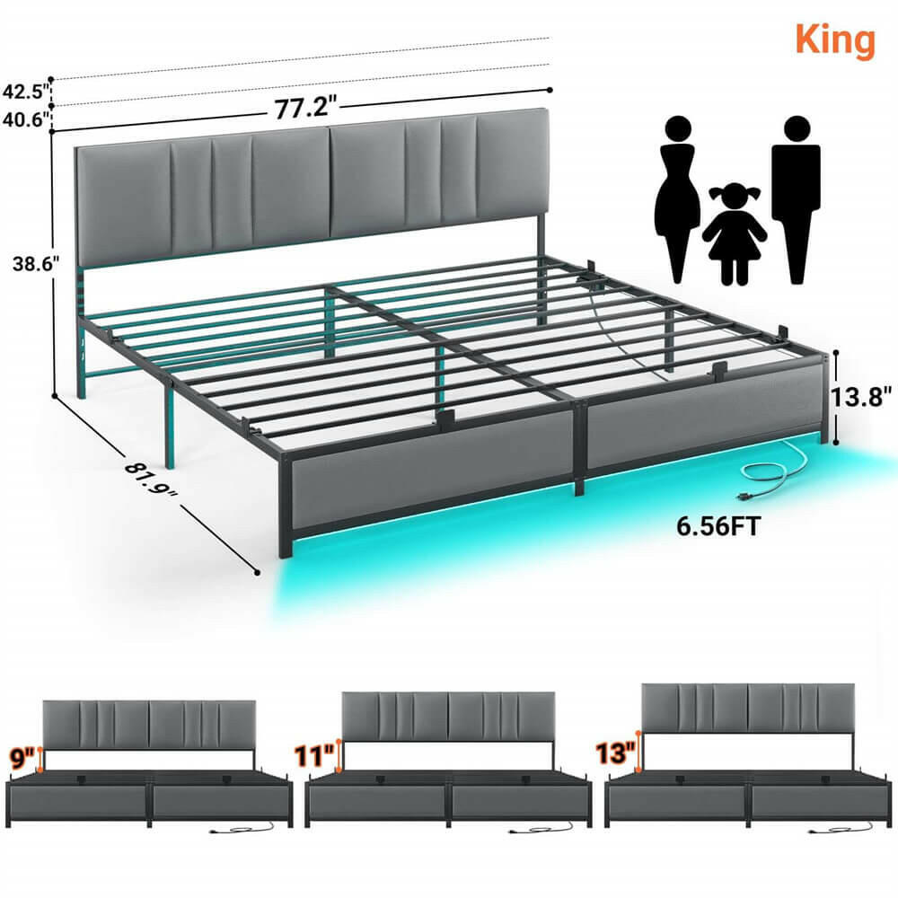 Unikito King Bed Frame with 3 Height Adjustable Headboard, Upholstered Leather Platform Bed with LED Light & Charging Station, Stable Metal Frame Support, No Box Spring Needed, Noise Free