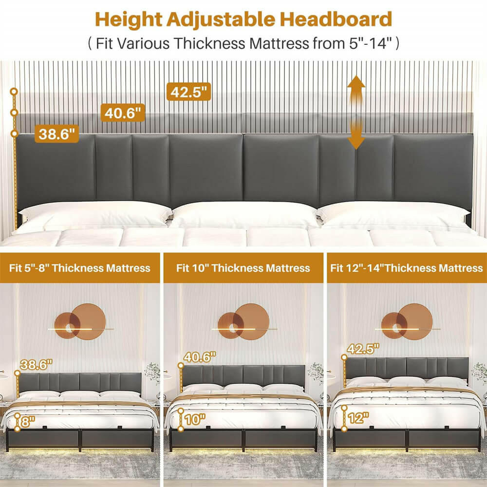 Unikito King Bed Frame with 3 Height Adjustable Headboard, Upholstered Leather Platform Bed with LED Light & Charging Station, Stable Metal Frame Support, No Box Spring Needed, Noise Free