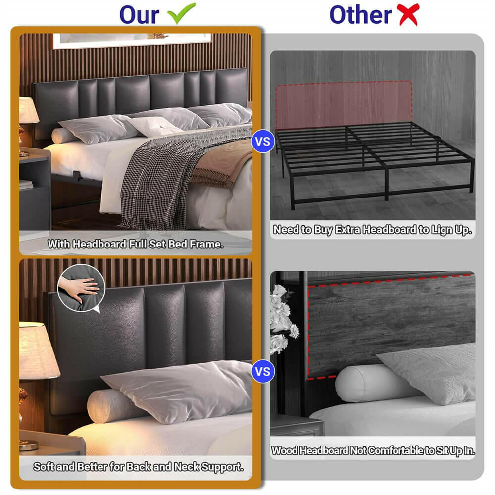 Unikito King Bed Frame with 3 Height Adjustable Headboard, Upholstered Leather Platform Bed with LED Light & Charging Station, Stable Metal Frame Support, No Box Spring Needed, Noise Free