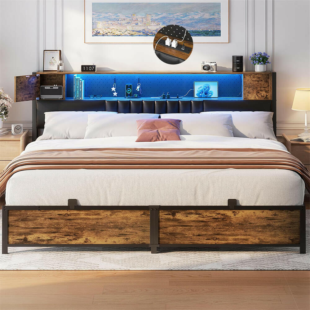 Unikito King Size Bed Frame with LED Light and Upholstered Storage Headboard, Metal Platform Full Bed Frame with Charging Station, No Box Spring Needed, Easy Assembly, Noise-Free