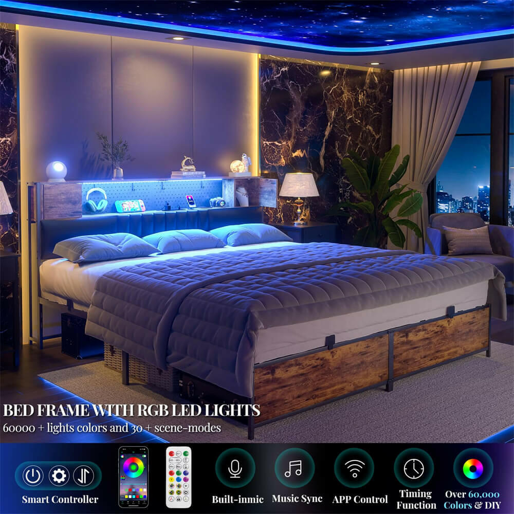 Unikito King Size Bed Frame with LED Light and Upholstered Storage Headboard, Metal Platform Full Bed Frame with Charging Station, No Box Spring Needed, Easy Assembly, Noise-Free