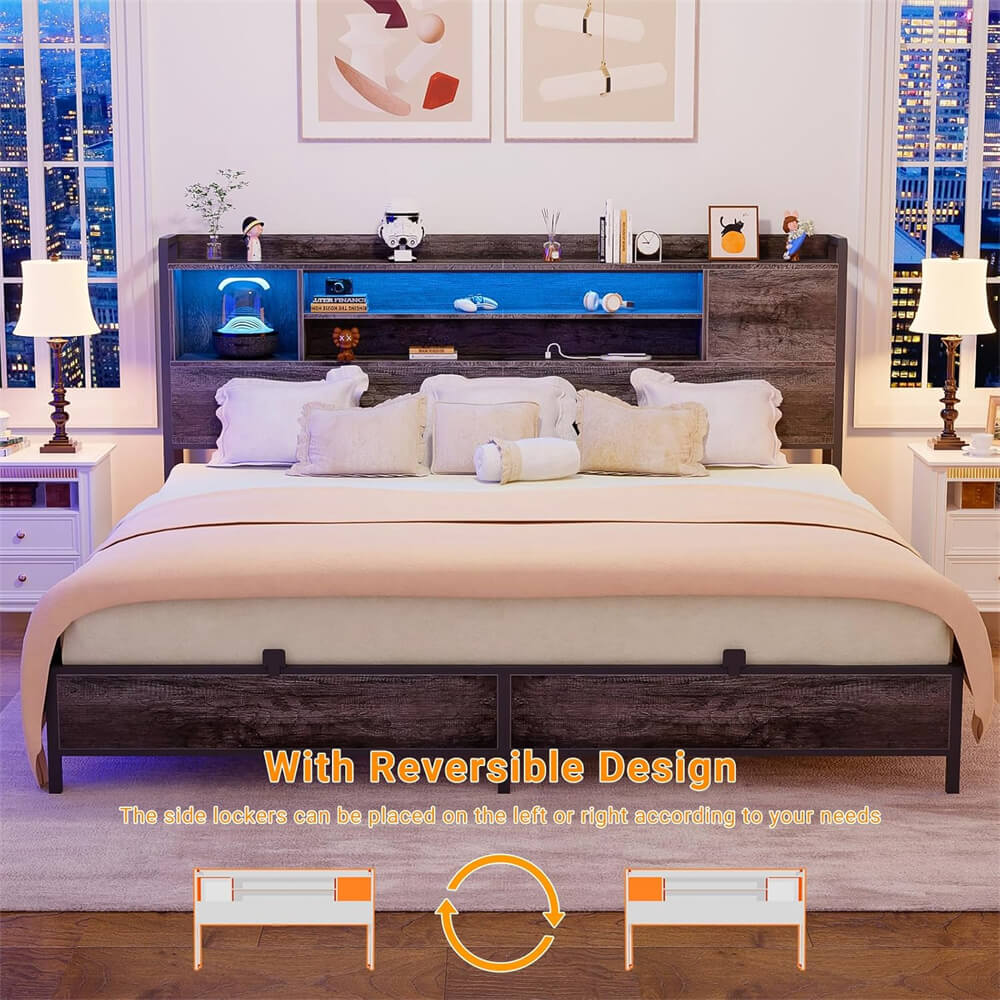 Unikito Metal Bedstead with Headboard, Black Metal Bed Frame with Headboard, Comes with Bookcase, Charging Stations & RGB LED Light, No Box Spring, Noise Free