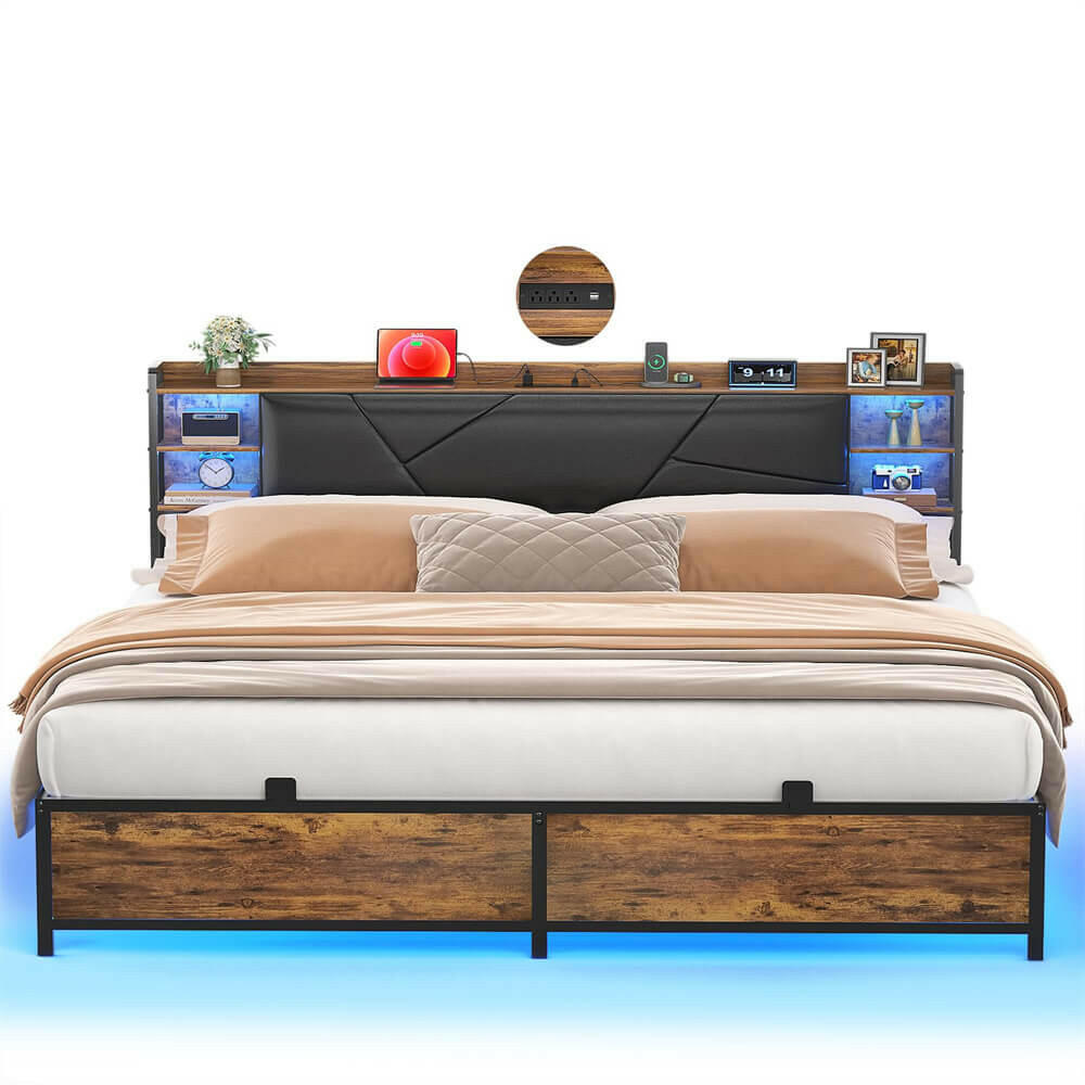 Unikito King Size Bed Frame with Smart RGB LED Lights and Charging Outlets, Sturdy Platform Bed with Upholstered Headboard, Heavy Duty Metal Slats, No Box Spring Needed, Easy Assembly