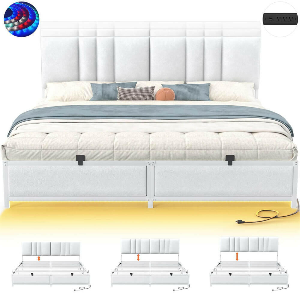 Unikito King Bed Frame with 3 Height Adjustable Headboard, Upholstered Leather Platform Bed with LED Light & Charging Station, Stable Metal Frame Support, No Box Spring Needed, Noise Free