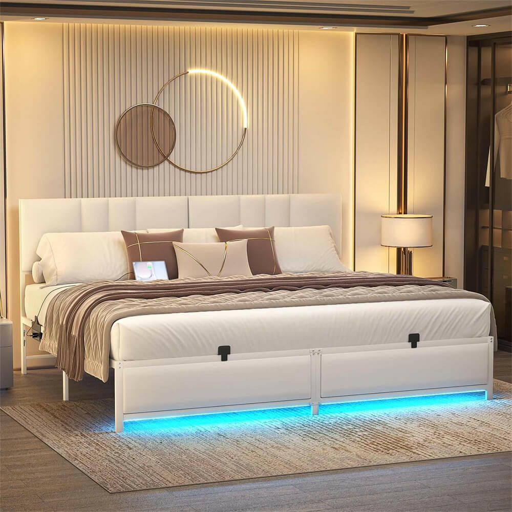 Unikito King Bed Frame with 3 Height Adjustable Headboard, Upholstered Leather Platform Bed with LED Light & Charging Station, Stable Metal Frame Support, No Box Spring Needed, Noise Free