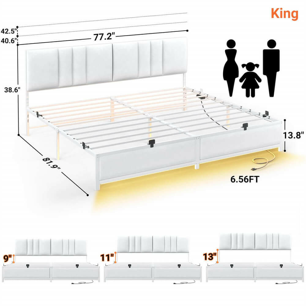 Unikito King Bed Frame with 3 Height Adjustable Headboard, Upholstered Leather Platform Bed with LED Light & Charging Station, Stable Metal Frame Support, No Box Spring Needed, Noise Free
