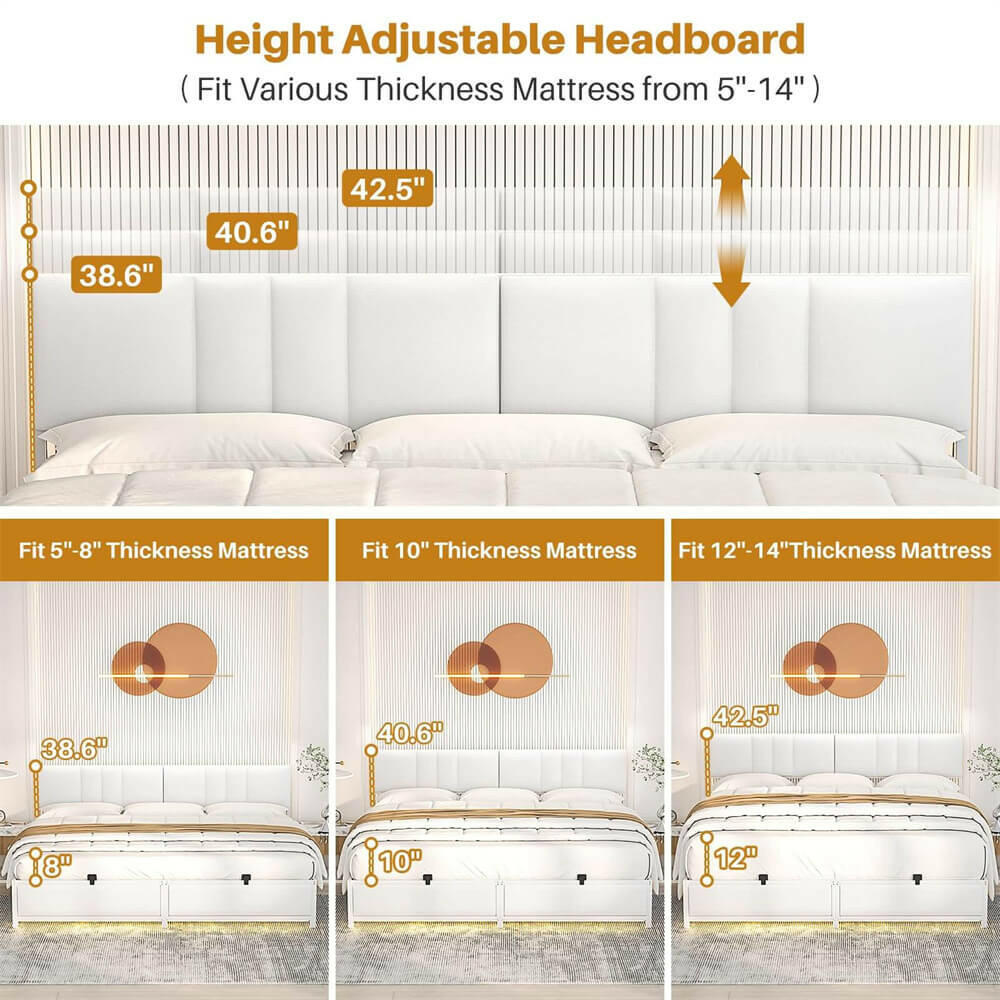 Unikito King Bed Frame with 3 Height Adjustable Headboard, Upholstered Leather Platform Bed with LED Light & Charging Station, Stable Metal Frame Support, No Box Spring Needed, Noise Free