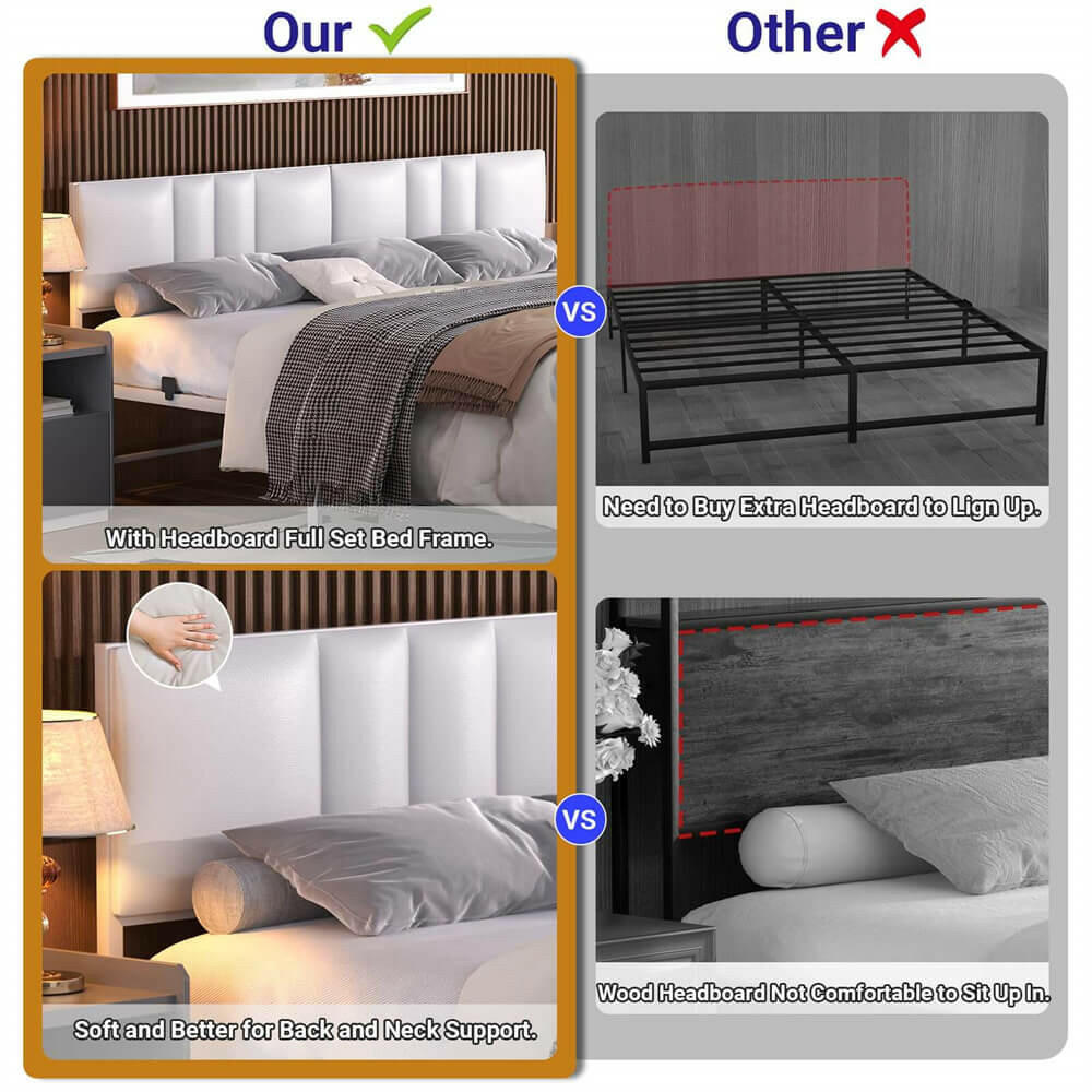 Unikito King Bed Frame with 3 Height Adjustable Headboard, Upholstered Leather Platform Bed with LED Light & Charging Station, Stable Metal Frame Support, No Box Spring Needed, Noise Free