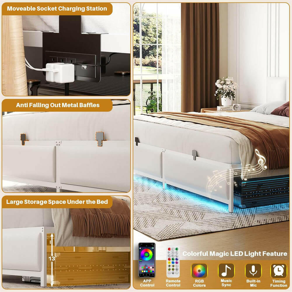 Unikito King Bed Frame with 3 Height Adjustable Headboard, Upholstered Leather Platform Bed with LED Light & Charging Station, Stable Metal Frame Support, No Box Spring Needed, Noise Free