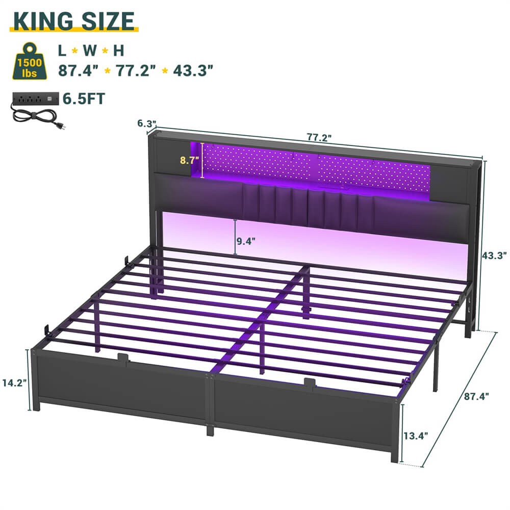 Unikito King Size Bed Frame with LED Light and Upholstered Storage Headboard, Metal Platform Full Bed Frame with Charging Station, No Box Spring Needed, Easy Assembly, Noise-Free
