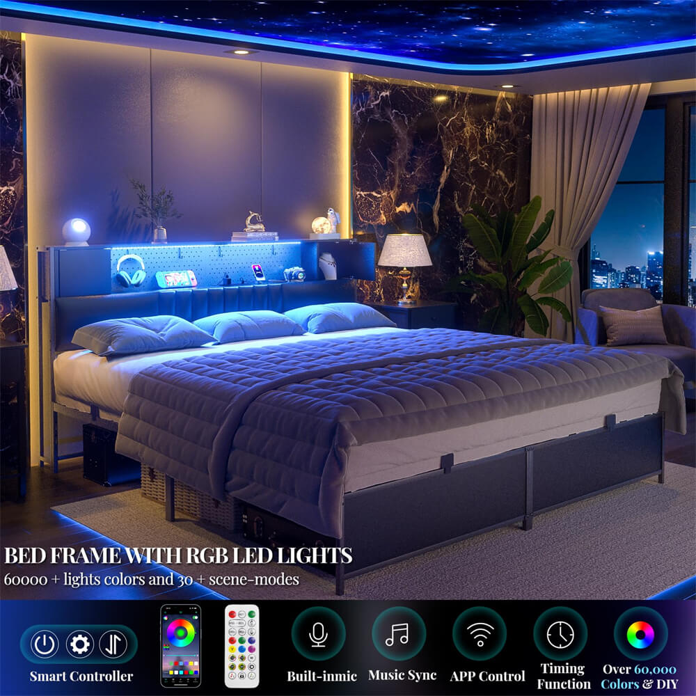 Unikito King Size Bed Frame with LED Light and Upholstered Storage Headboard, Metal Platform Full Bed Frame with Charging Station, No Box Spring Needed, Easy Assembly, Noise-Free