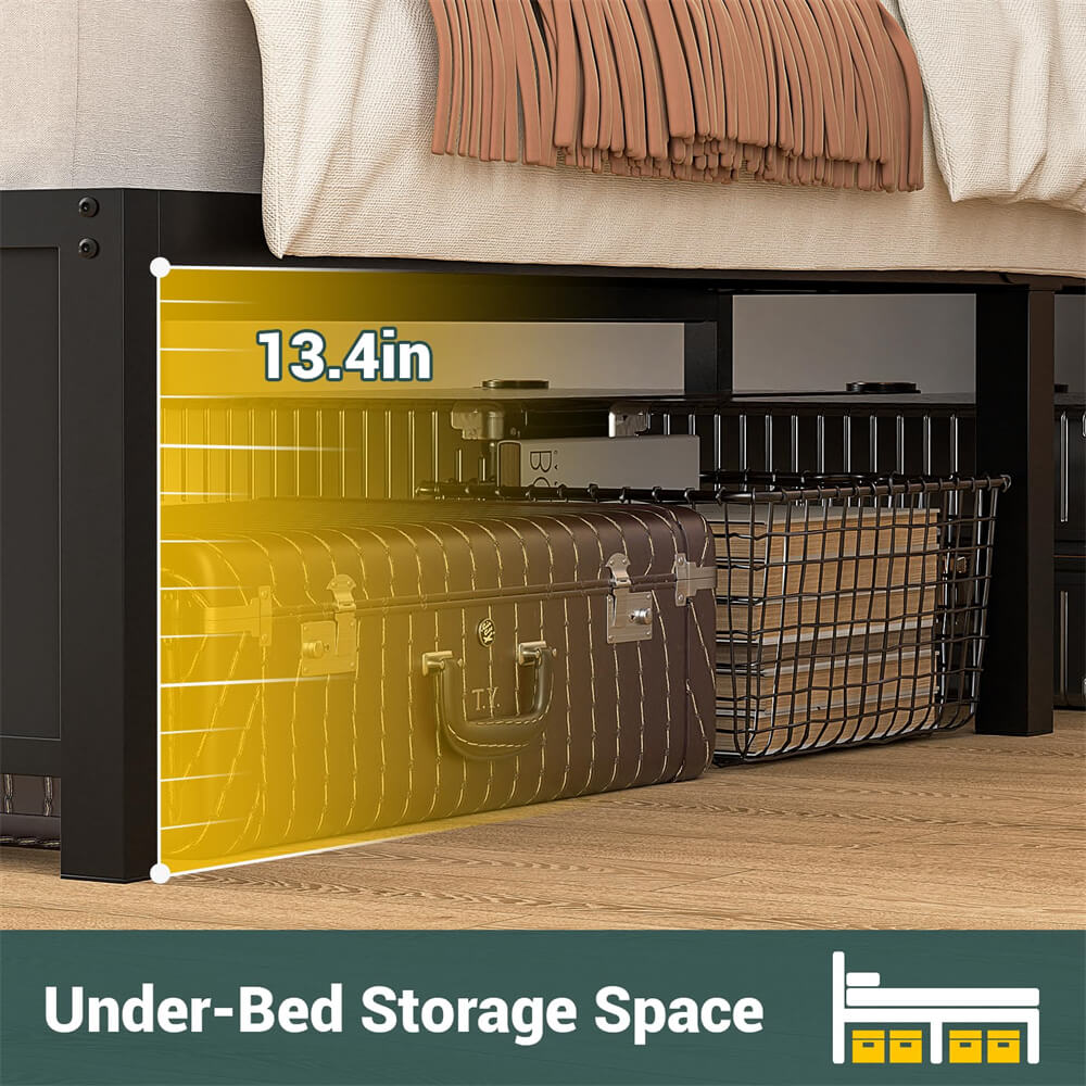 Unikito King Size Bed Frame with LED Light and Upholstered Storage Headboard, Metal Platform Full Bed Frame with Charging Station, No Box Spring Needed, Easy Assembly, Noise-Free