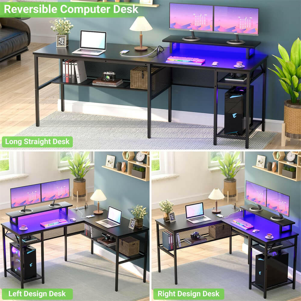 Unikito L Shaped Desk, Reversible Corner Computer Desk with Magic Power Outlets and Smart LED Light, Unique Grid Design, 55 Inch Office Desk with Monitor Stand and Storage Shelf