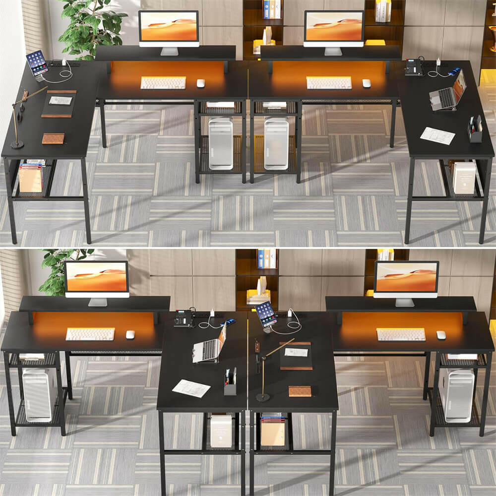 Unikito L Shaped Desk, Reversible Corner Computer Desk with Magic Power Outlets and Smart LED Light, Unique Grid Design, 55 Inch Office Desk with Monitor Stand and Storage Shelf