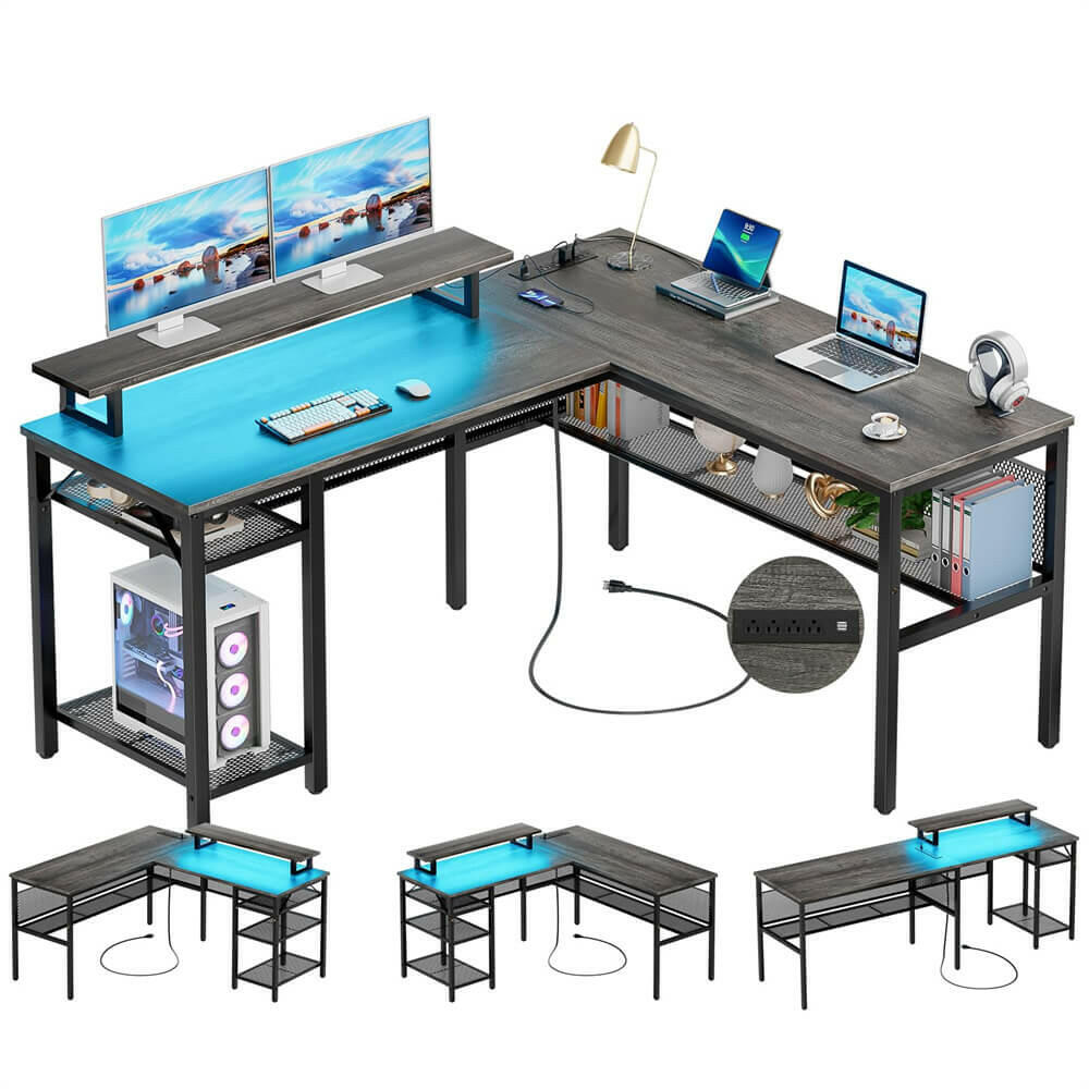 Unikito L Shaped Desk, Reversible Corner Computer Desk with Magic Power Outlets and Smart LED Light, Unique Grid Design, 55 Inch Office Desk with Monitor Stand and Storage Shelf