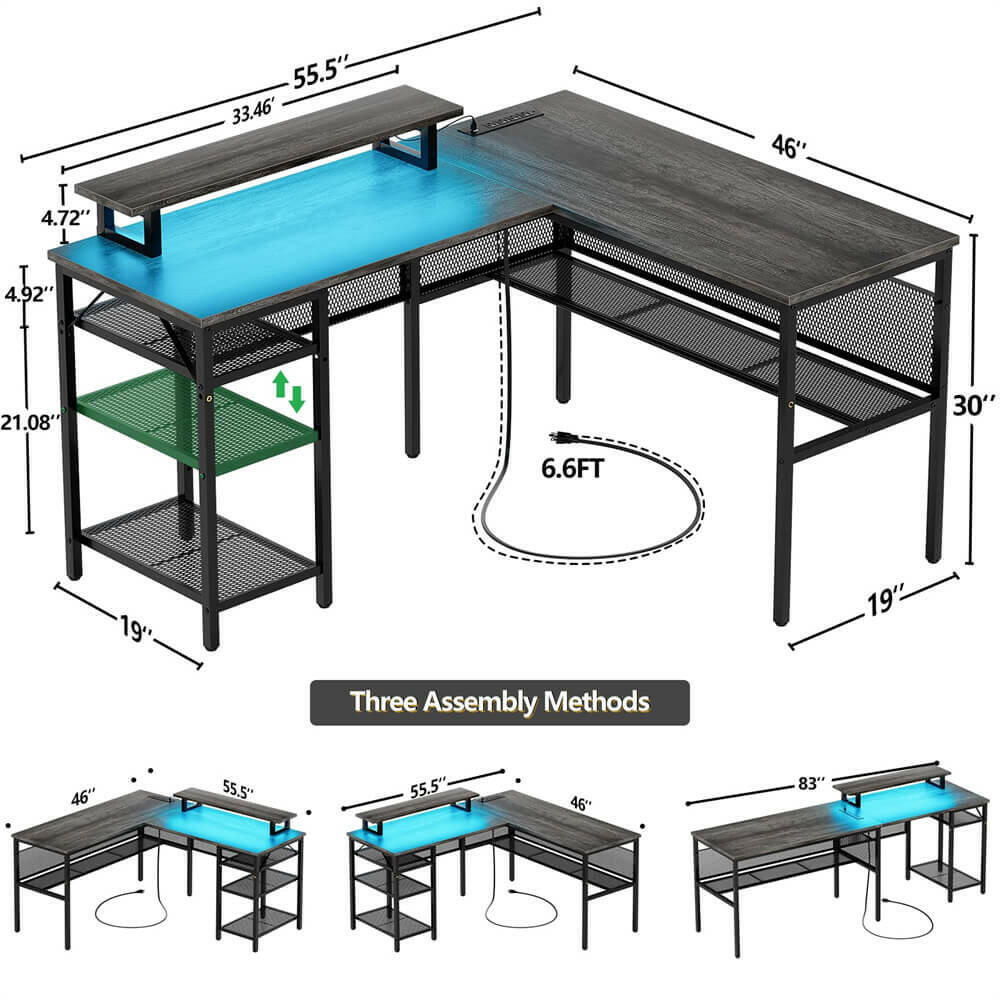 Unikito L Shaped Desk, Reversible Corner Computer Desk with Magic Power Outlets and Smart LED Light, Unique Grid Design, 55 Inch Office Desk with Monitor Stand and Storage Shelf