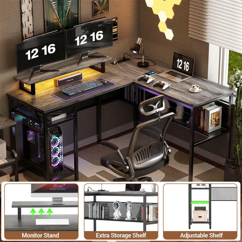Unikito L Shaped Desk, Reversible Corner Computer Desk with Magic Power Outlets and Smart LED Light, Unique Grid Design, 55 Inch Office Desk with Monitor Stand and Storage Shelf