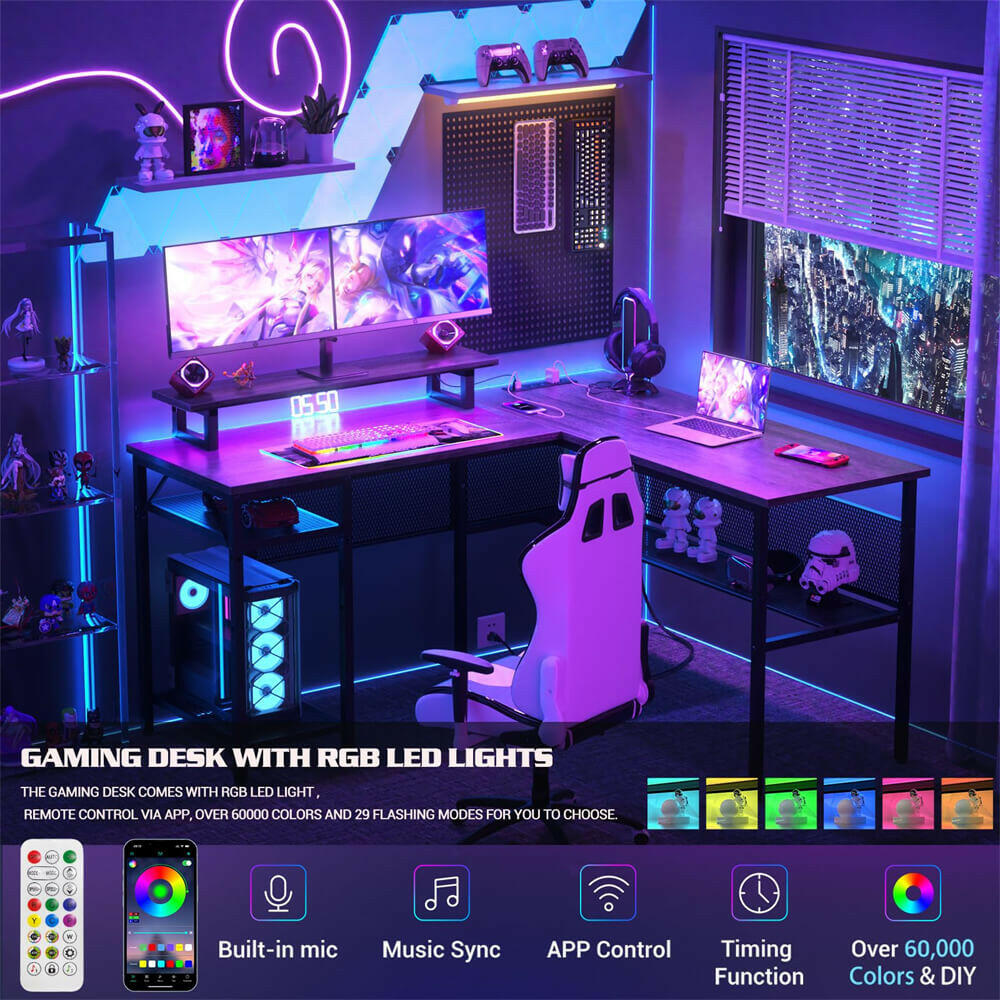 Unikito L Shaped Desk, Reversible Corner Computer Desk with Magic Power Outlets and Smart LED Light, Unique Grid Design, 55 Inch Office Desk with Monitor Stand and Storage Shelf