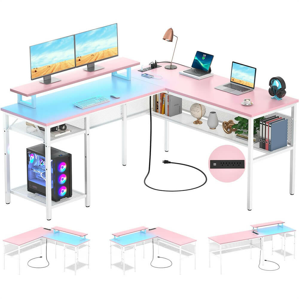 Unikito L Shaped Desk, Reversible Corner Computer Desk with Magic Power Outlets and Smart LED Light, Unique Grid Design, 55 Inch Office Desk with Monitor Stand and Storage Shelf