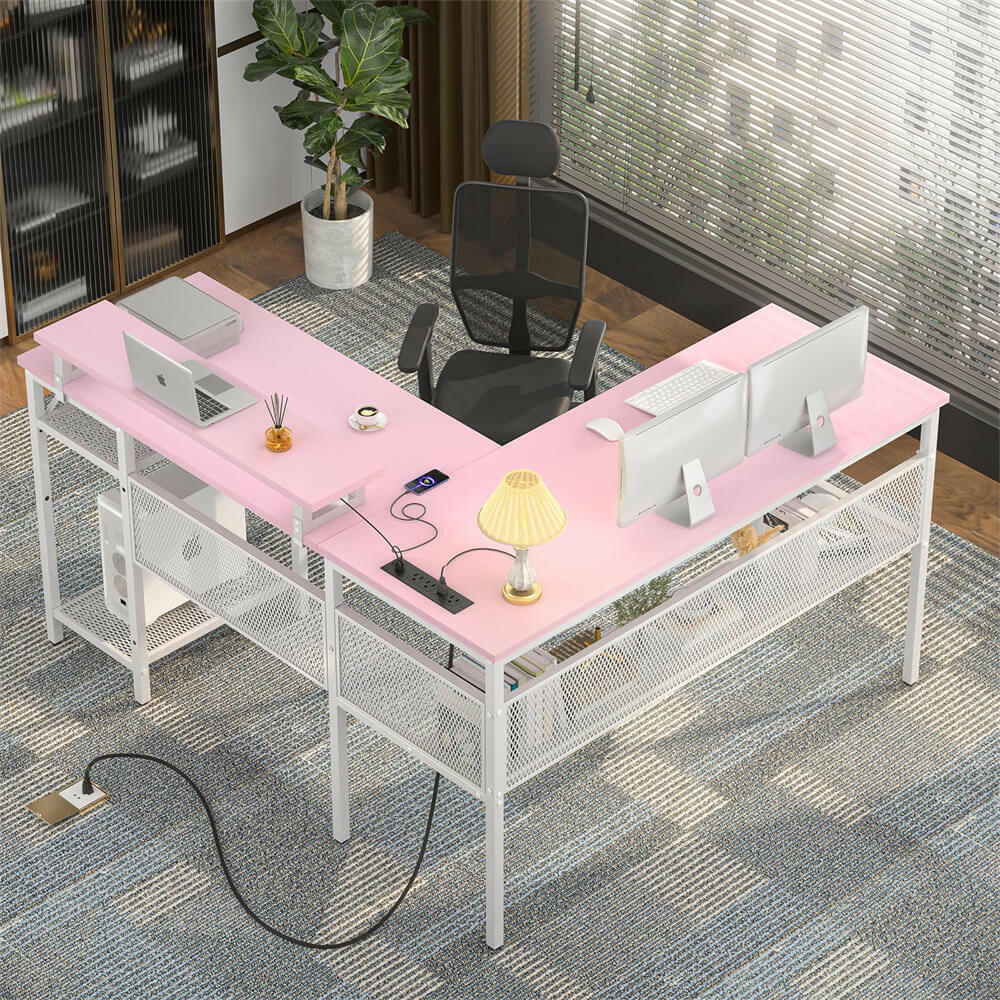 Unikito L Shaped Desk, Reversible Corner Computer Desk with Magic Power Outlets and Smart LED Light, Unique Grid Design, 55 Inch Office Desk with Monitor Stand and Storage Shelf