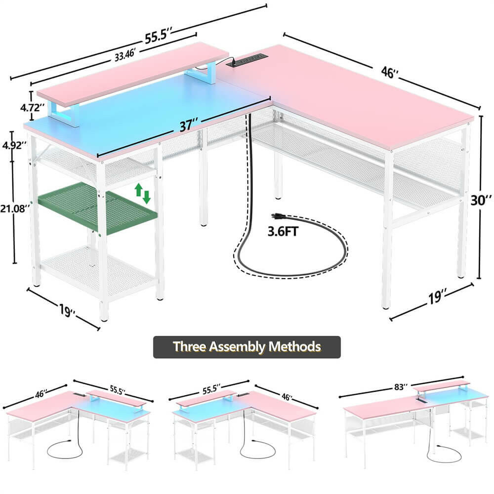Unikito L Shaped Desk, Reversible Corner Computer Desk with Magic Power Outlets and Smart LED Light, Unique Grid Design, 55 Inch Office Desk with Monitor Stand and Storage Shelf